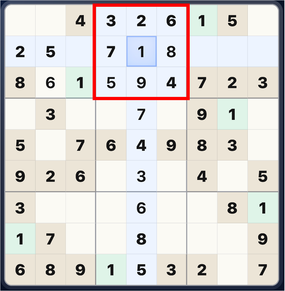 Sudoku 3x3 box rule showing one small square box highlighted on a completed Sudoku grid
