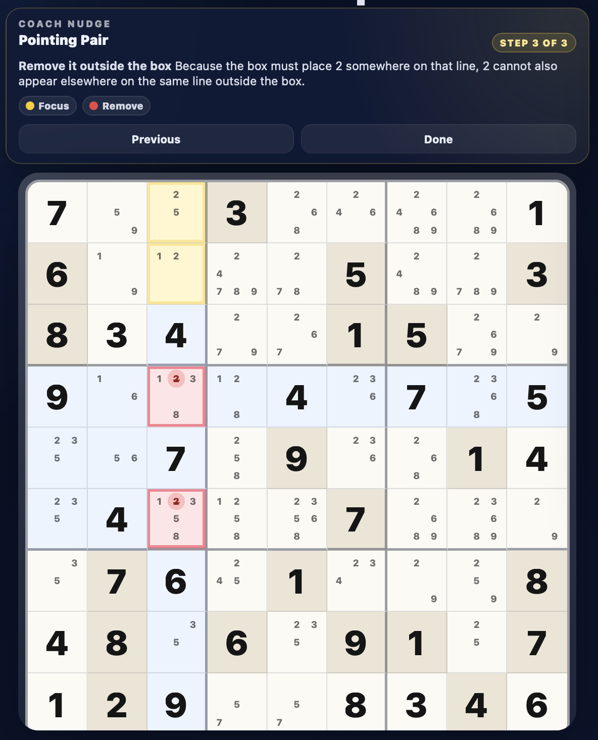 SudoSketch Sudoku Coach showing an XY-Wing hint with highlighted Sudoku candidates
