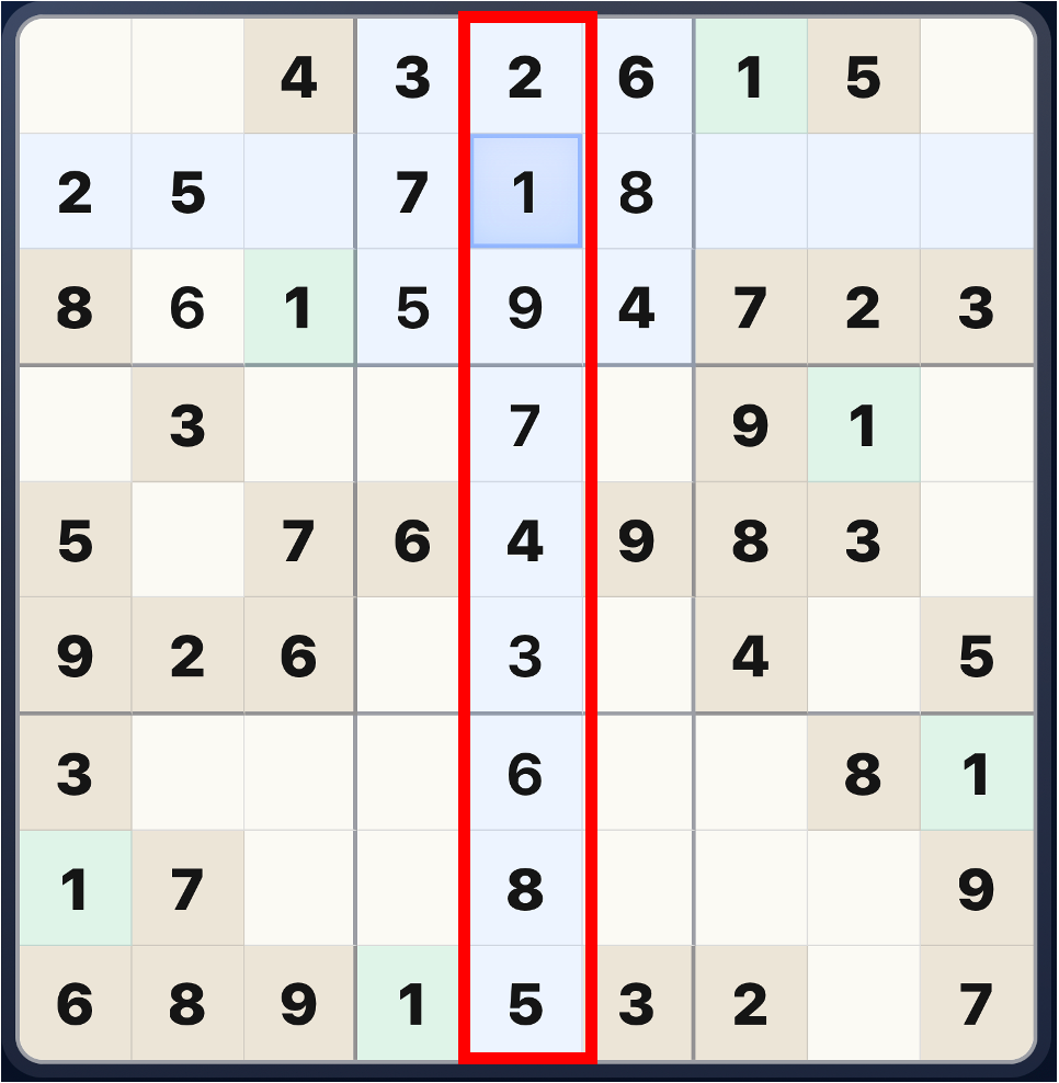 Sudoku column rule showing one vertical column highlighted on a completed Sudoku grid