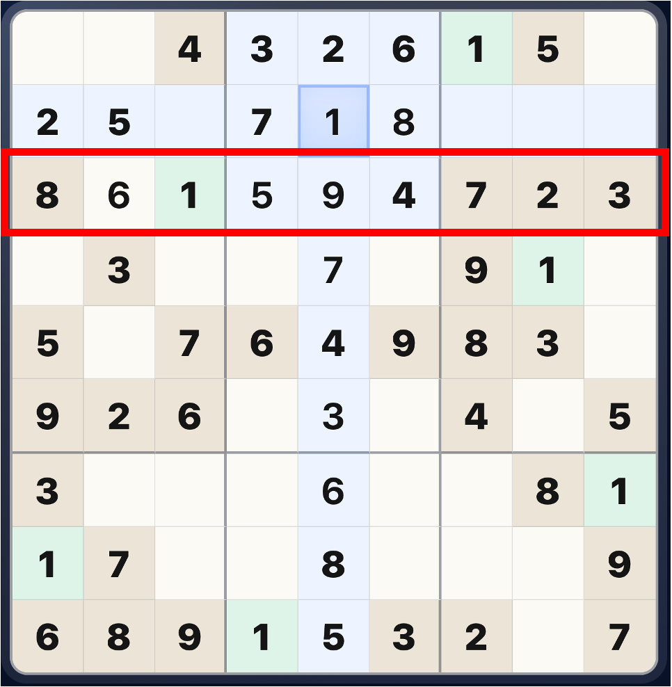Sudoku row rule showing one horizontal row highlighted on a completed Sudoku grid